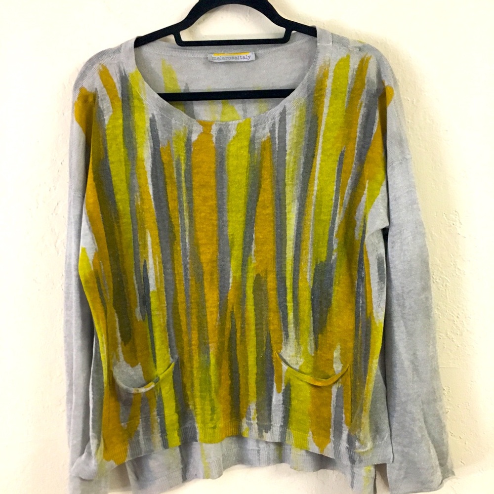 Melarosa Italy Linen Hand Painted Blouse Medium Gray Lagenlook Artsy Relax